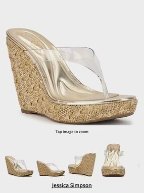 Jessica Simpson Gold Metallic Footbed Clear-Strap Raffia Wedge Sandals